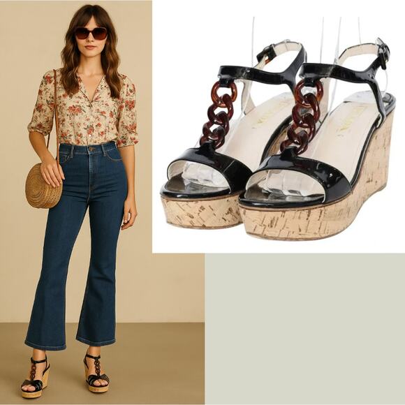 Prada 10 Chain Link Platform Cork Wedges Patent Leather T-Strap Sandals Black 40 - Picture 1 of 13